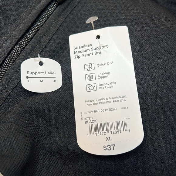 Xersion Sports Bra, Front Zip, Medium Support, Seamless, Black, Size XL, NEW - Picture 3 of 7